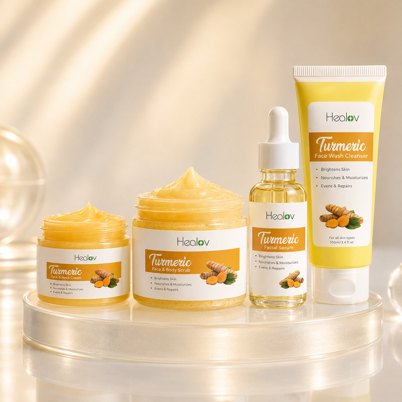Turmeric Brightening Skincare Set — four-piece collection on white surface