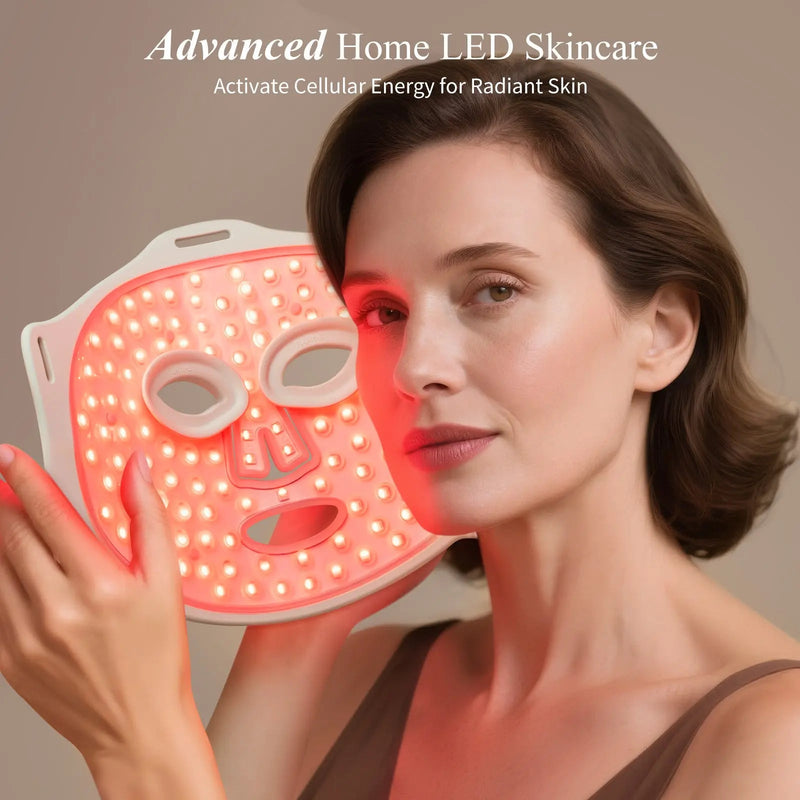 Umitec LED Mask — worn by model showing at-home professional LED therapy