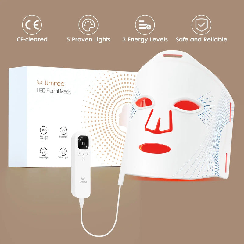 Umitec LED Mask — model wearing device for facial rejuvenation session