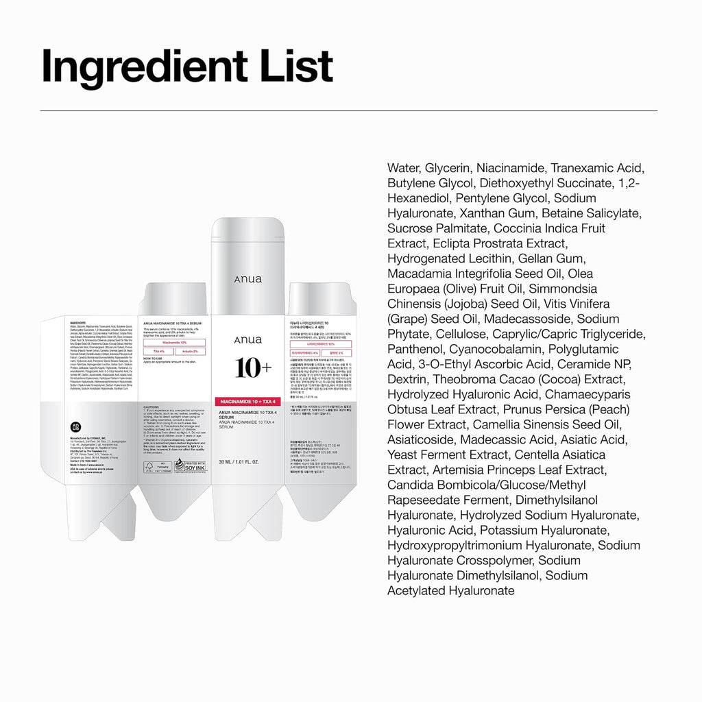 Niacinamide 10 + TXA 4 Serum, Dark Spot Care, Hyaluronic Acid, Tranexamic Acid, Lightweight & Hydrating All-In-One Daily Facial Serum for Glass Skin, Korean Skincare, 1.01 Fl.Oz